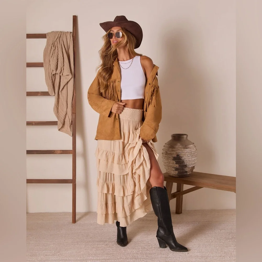 VICI Even Ember Suede Fringe Jacket in Camel, Size Small - Picture 6 of 12